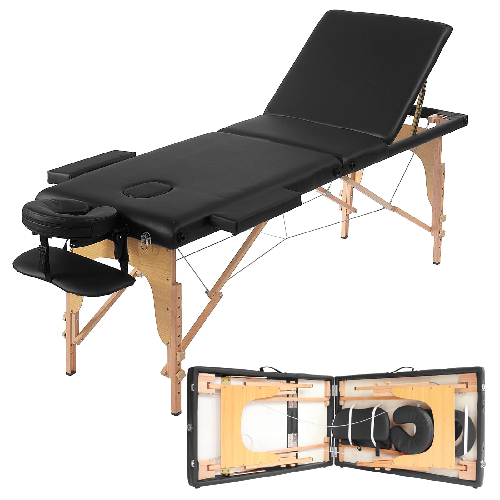 Prilinex Portable Folding Massage Table - 3 Sections Massage Bed Spa Table with Carrying Bag, Face Cradle, Armrest & Hand Pallet - Easy Set Up, Lightweight, Height Adjustable 24" to 33" Black