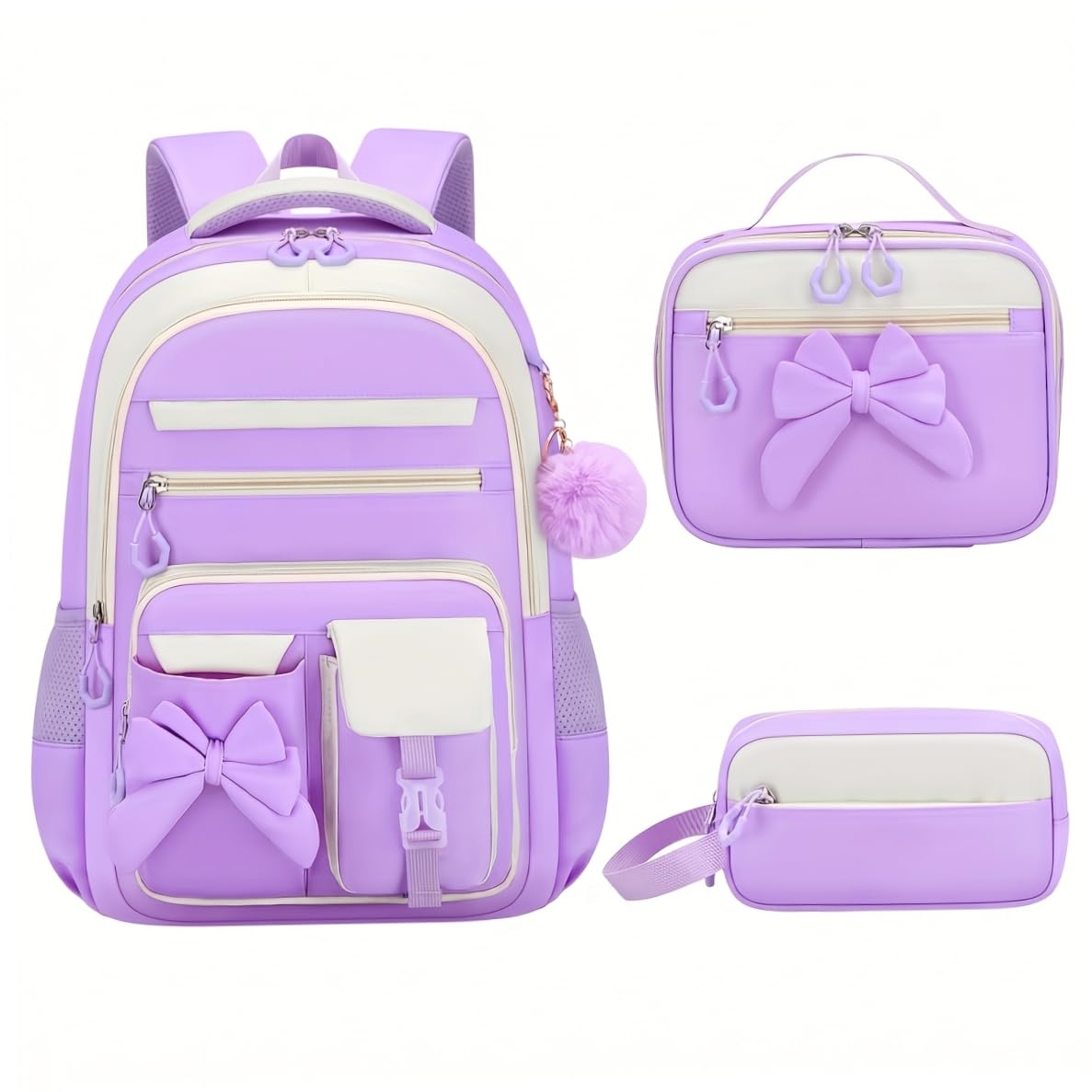 Mochila con lazo para niñas, mochila para niñas de 3 piezas para la escuela con bolsa de almuerzo, estuche para lápices, linda para niños y adolescentes, apta para jardín de infantes, prim