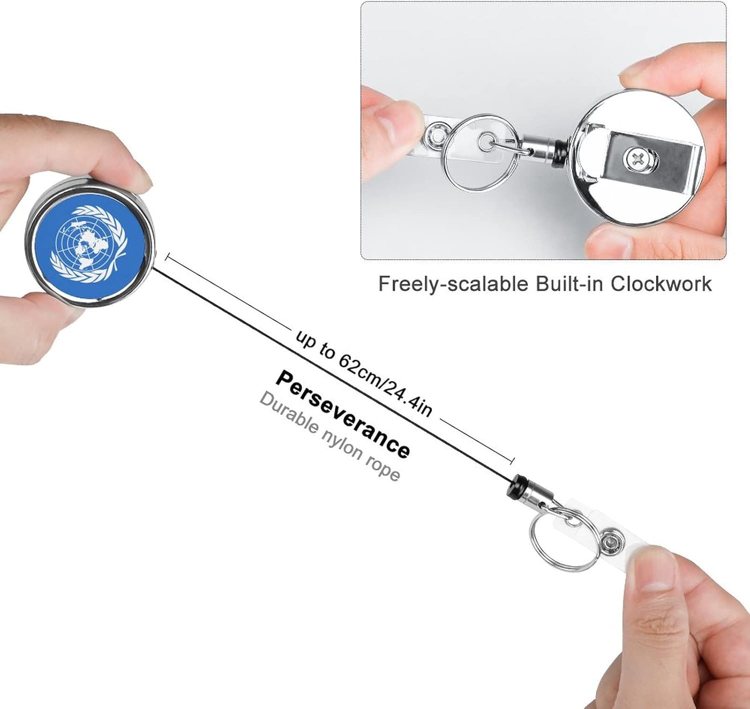 United Nations FlagRetractable Keychain, 24.4in Retraction, Heavy Duty Badge Reel, Metal Badge Clip with Steel Cable, Key Ring and Badge Buckle
