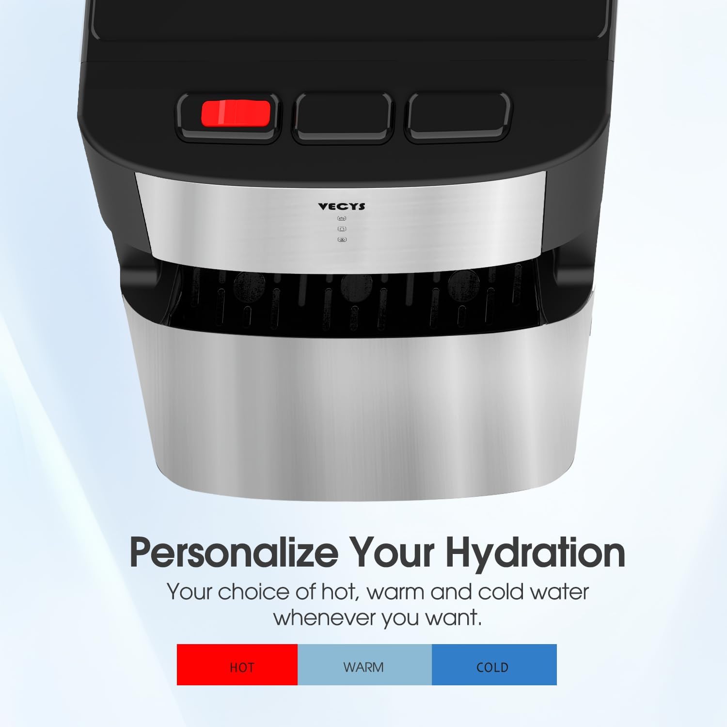 Close-up of the VECYS dispenser's control panel with hot, warm, and cold water buttons