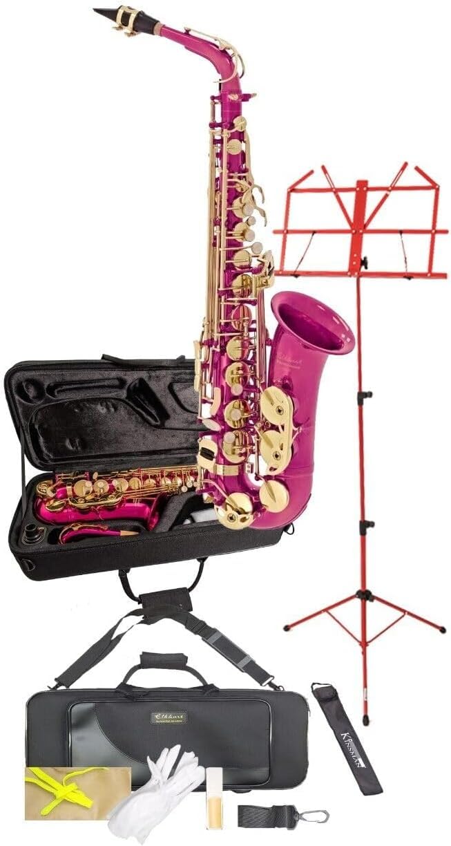 ChaseElkhart Vincent Bach by Chase E-Flat Pink Alto Saxophone Package - Saxophone, Vincent Bach Deluxe Saxophone Case, Music Stand with Bag, Microfibre Cloth, Straps & Gloves