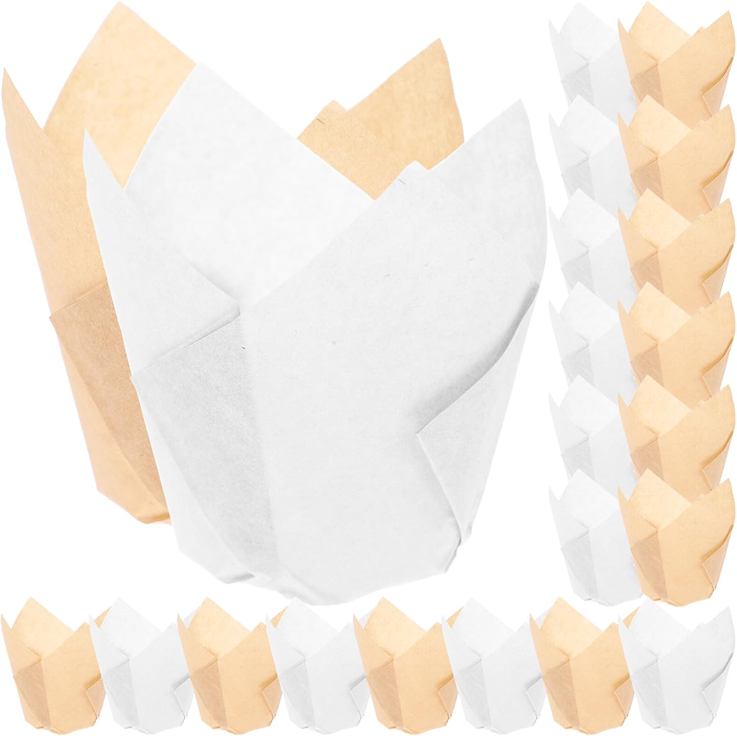 Cupcake Liners Muffin Liners Tulip Shape Oil-Proof Baking Cups Natural Brown and White Parchment Paper Portable 100Pcs for Muffin Baking and Cake Holders