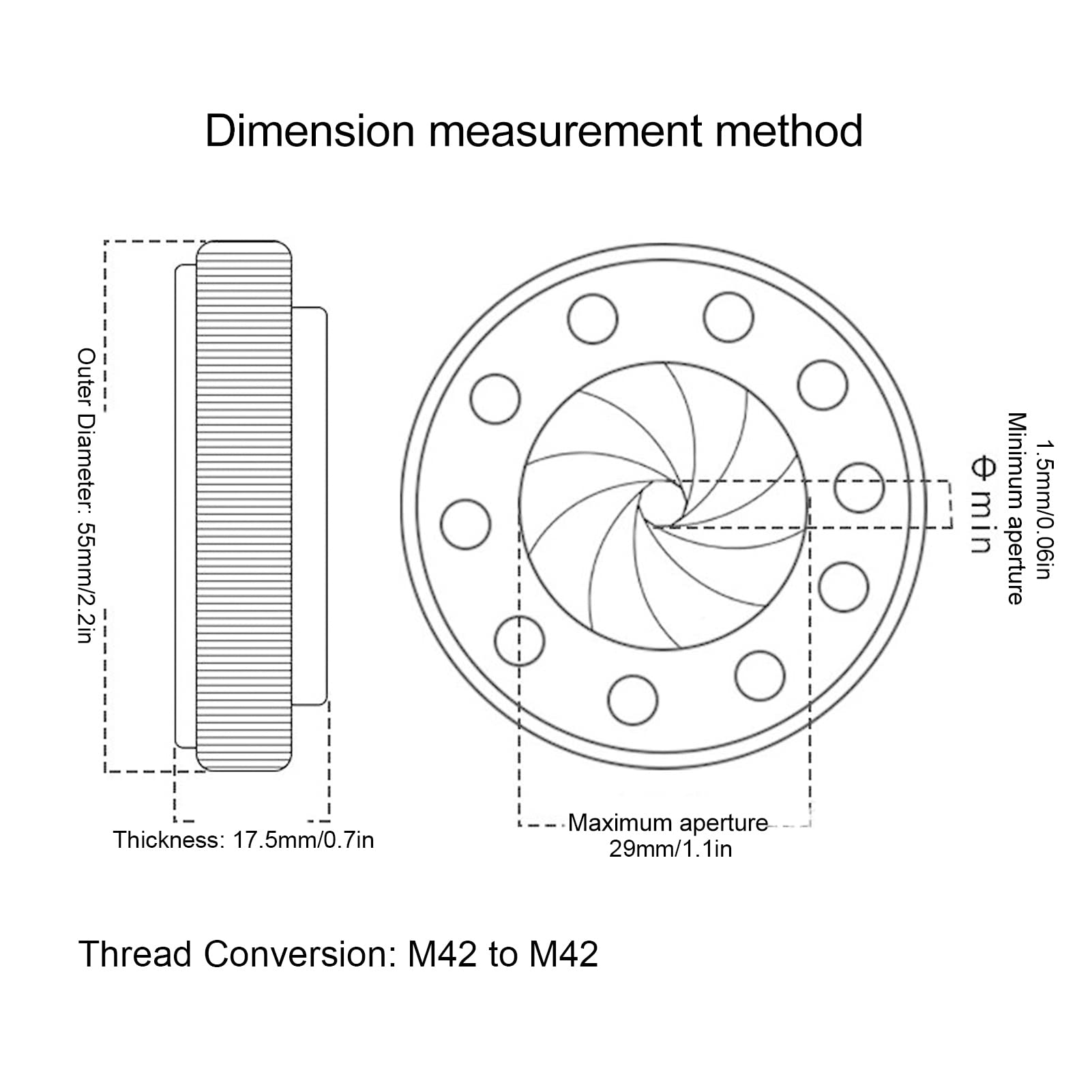 Diaphragme d'ouverture, 1 5 à 29mm ID 55mm OD M42 à M42 Condenseur à diaphragme d'ouverture, diaphragme ajustableOptical Aperturefor Optical System