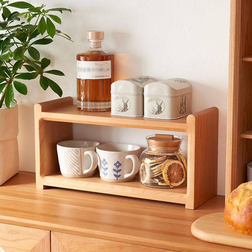 2/3 Tier Solid Walnut Wood Coffee Mug Display Rack, Desktop Countertop Organizer Shelf, No Assembly Required Wood Cup Holder & Spice Rack for Coffee Bar, Kitchen, Office (Cherry, 16" Lx5.3 Wx13.7 H)
