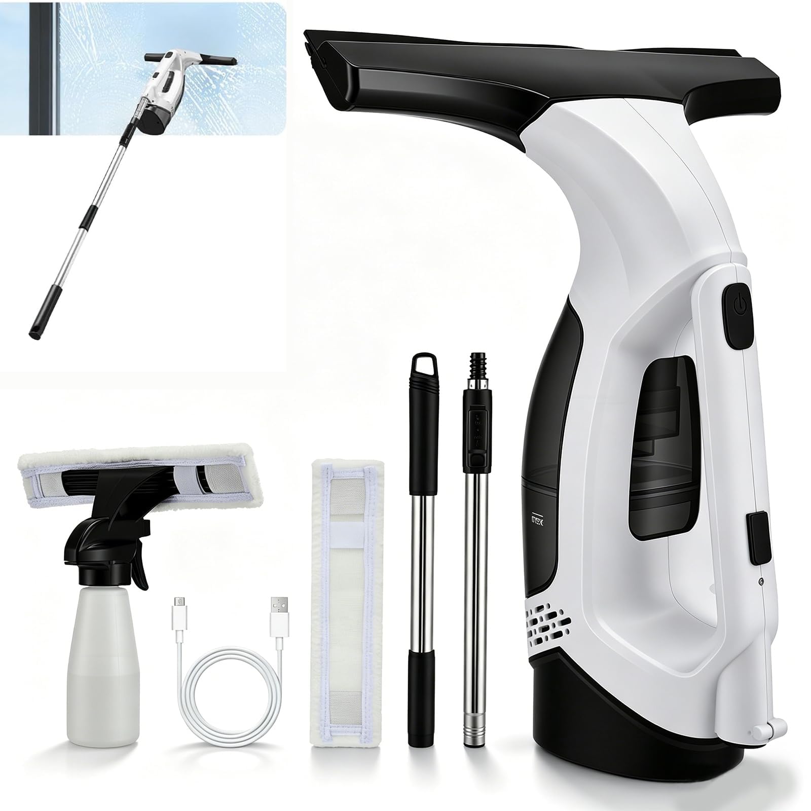 Juego de aspiradoras de ventanas con batería, 2000 Pa inalámbrico, limpiador de ventanas, 2200 mAh, extractor eléctrico recargable, depósito de 150 ml, para ventanas, puertas de ducha