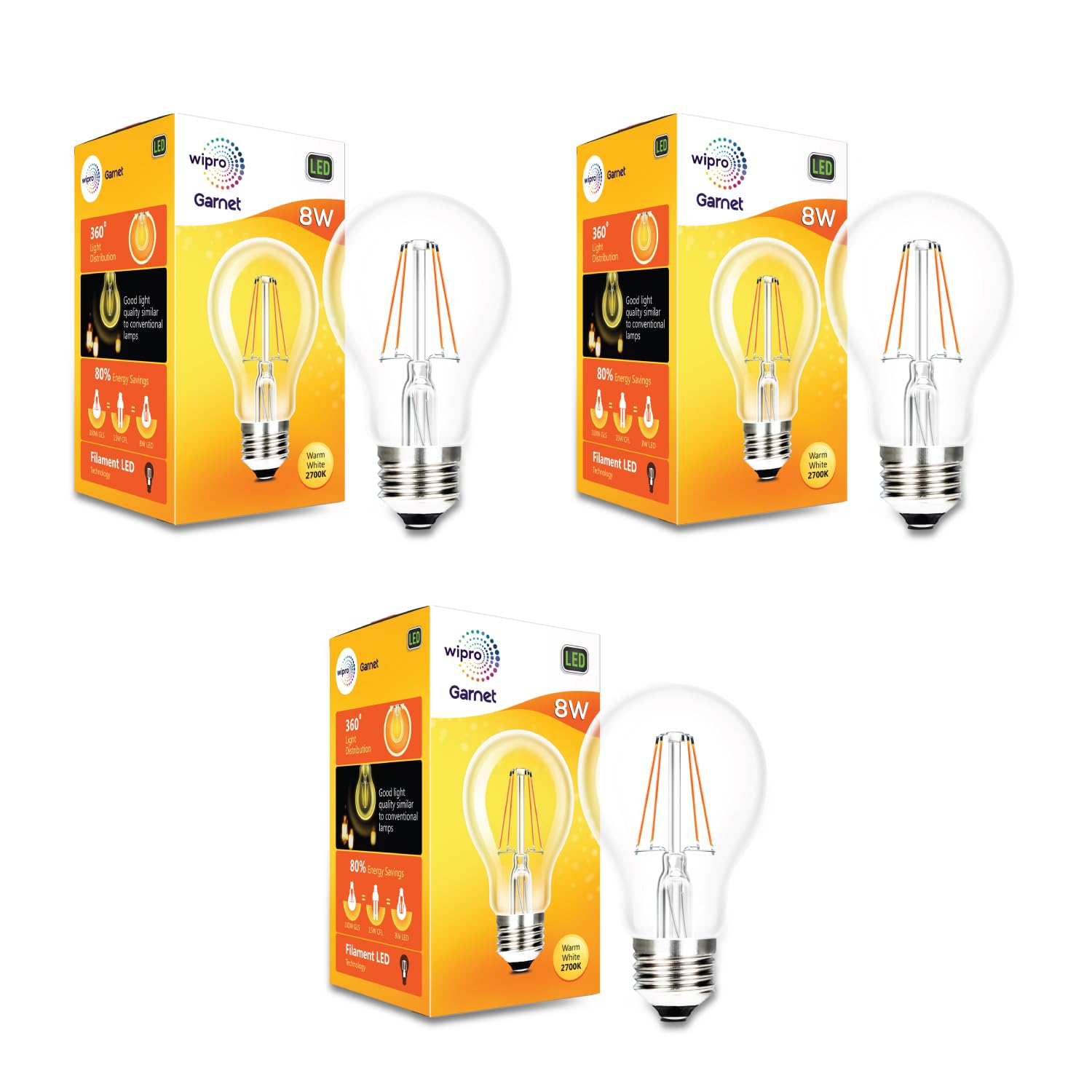 Wipro Garnet 8W A60 LED Filament Bulb | Decorative LED Bulb for Home & Office Decoration | Energy Efficient Filament Bulb comes with In-Built Surge Protection | E27 Bulb, 2700K(Warm White, Pack of 3)-image-24