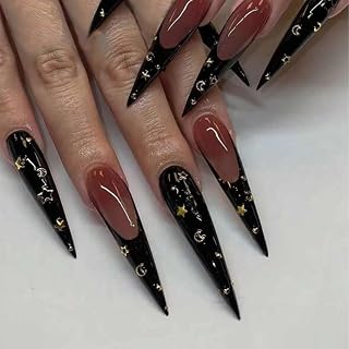 Long Stiletto Press on Nails French Tip Fake Nails Glossy Black False Nails with Gold Moon Stars Love Heart Design Clear Red Acrylic Nails Press ons Full Cover Stick on Nails for Women 24 Pcs