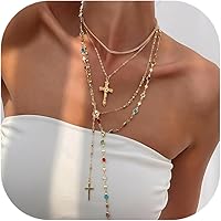 Trendy 4PCS Layered Gold Cross Necklaces for Women - Bohemian Bead Pearl Y Pendant Set, Vintage Rosary Stack Adjustable