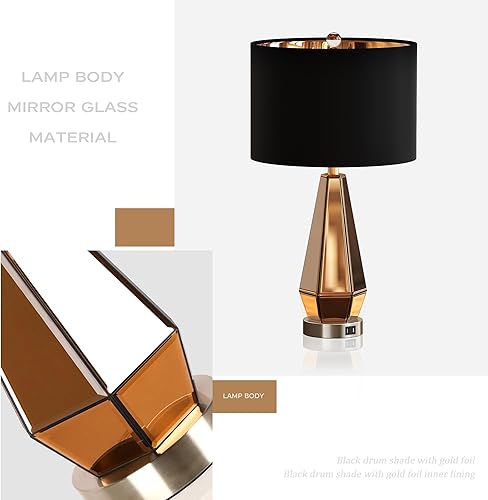 Miniatura 4 de Hamucd Juego de 2 lámparas de mesita de noche de cristal con espejo con 2 puertos USB para dormitorios, modernas lámparas de mesita de noche