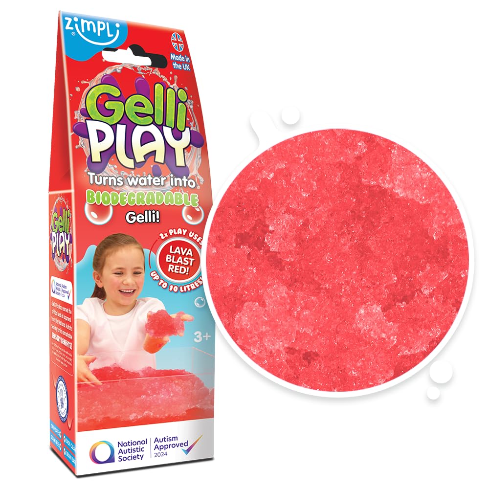 ZIMPLI - Gelli Play Red, None Sticky Magic, Turns water into Goo, Indoor & Outdoor Sensory Toy, Goody Bag Filler, Tuff Tray Toy, UK Made