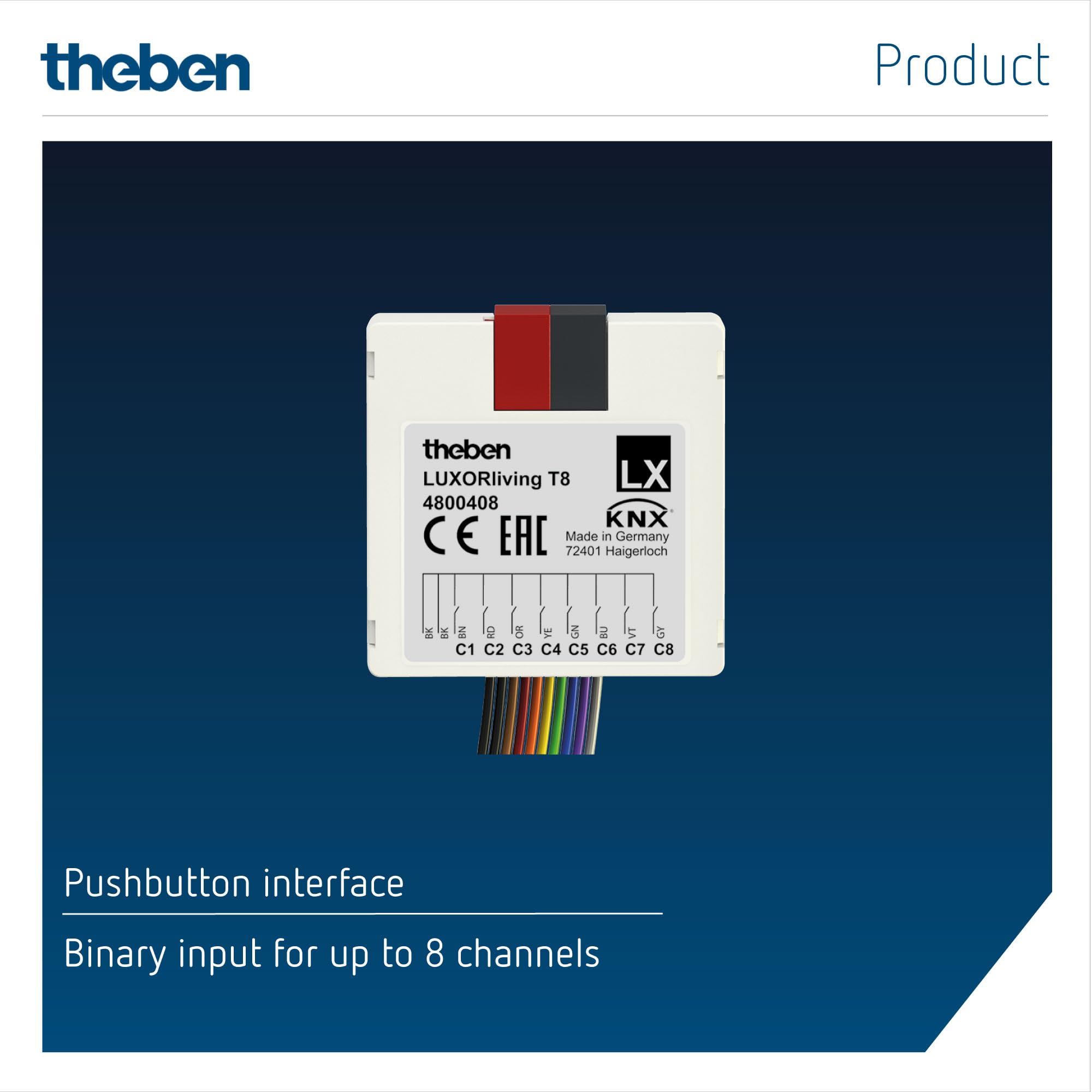 Theben 4800408 I LUXORliving T8 I 8-fach Binäreingang-Tasterschnittstelle I Softwarefunktionen Schalter/Taster, Dimmen, Jalousie I Für KNX Smart-Home System LUXORliving