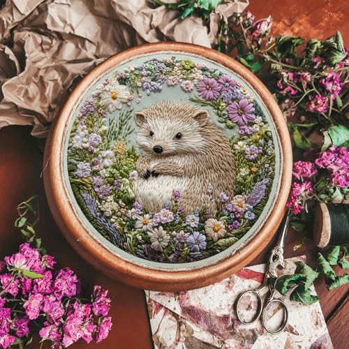 Image of FONNUY Embroidery Kit for Beginners, Cute Hedgehog Stamped Embroidery Patterns Kits for Adults with Hoop, Easy to Follow Sewing Thread Needlework, 8'' Hoop (Adorably Spiky)