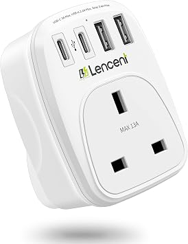 LENCENT USB Plug Charger UK, 2 Type C 2 USB Ports, 1 Way Socket Extension