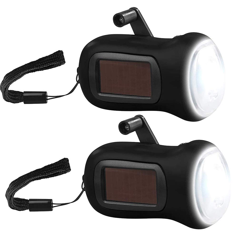 ALLOMN Manual LED Flashlight, Solar Powered Flashlights Handheld Emergency Flashlight Manual Torch Light for Hiking Traveling Camping (2 PCS)