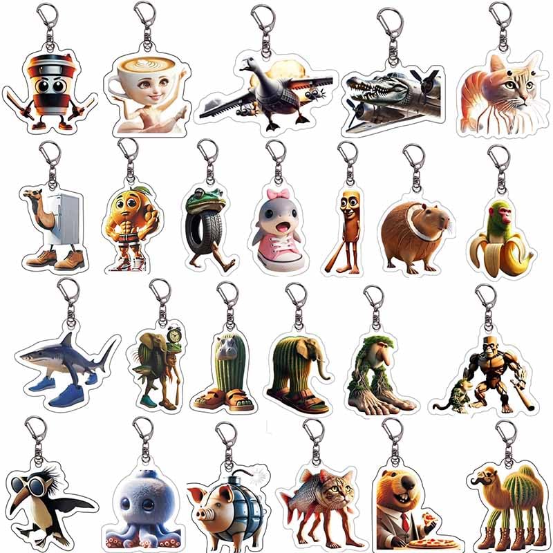 SZQZWY 24 Pcs Italian Brainrot Tralalero Tralala Keychain,Funny Animals Tun Tung Tung Sahur,Brainrot Shark Charm.2-3inch Key chain ring