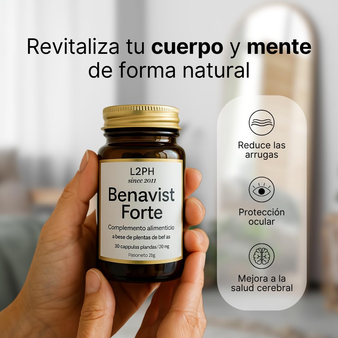 BENAVIST FORTE – Complemento Alimenticio antioxidante para Combatir el Envejecimientode la Piel, reducir Arrugas y mejorar la Salud Ocular (60 Cápsulas). Con Astaxantina, Betacaroteno y Luteína.