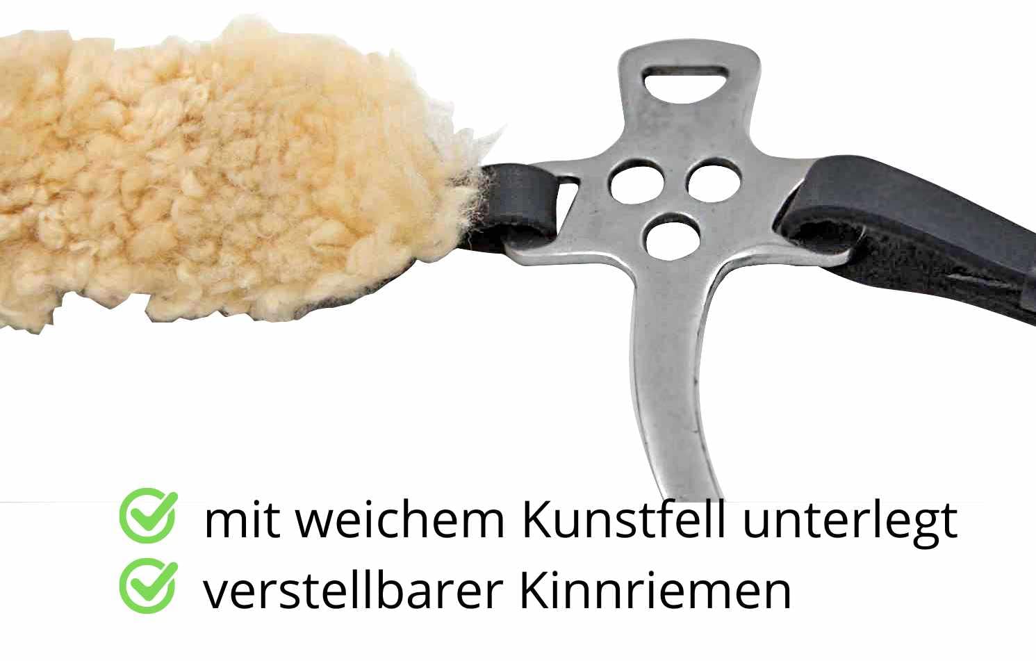 AMKA Hackamore, Fell unterlegter Nasenriemen, Kinnriemen Leder schwarz, Edelstahl Anzüge