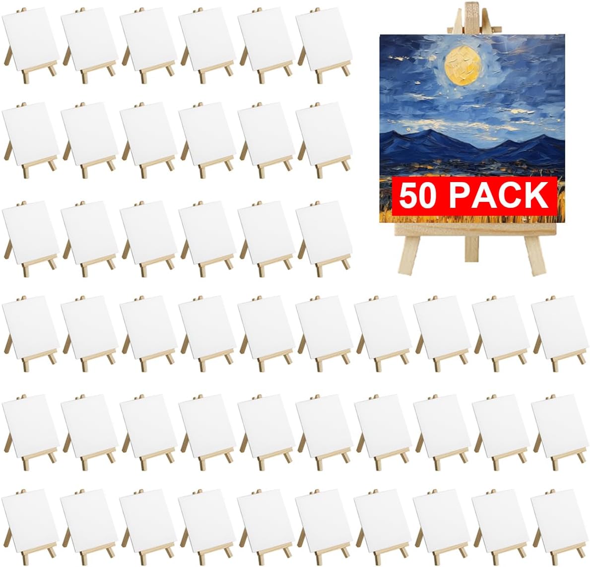 50 Pack Mini Canvas and Easel Set Bulk, 4x4 inch Small Canvases for Painting with Easels Stand, Mini Canvas Panels with Wood Easel Set for Students School Art Painting Party Supplies