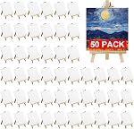 50 Pack Mini Canvas and Easel Set Bulk, 4x4 inch Small Canvases for Painting with Easels Stand, Mini Canvas Panels with Wood Easel Set for Kids School Art Painting Party Supplies