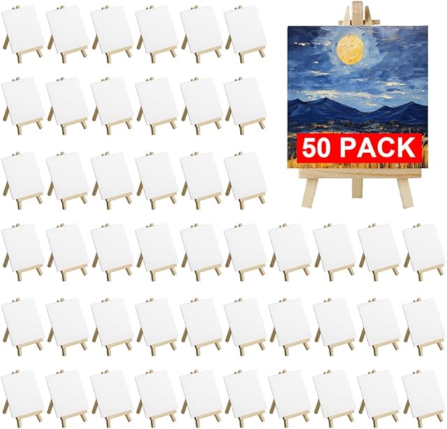 50 Pack Mini Canvas and Easel Set Bulk, 4x4 inch Small Canvases for Painting with Easels Stand, Mini Canvas Panels with Wood Easel Set for Kids School Art Painting Party Supplies
