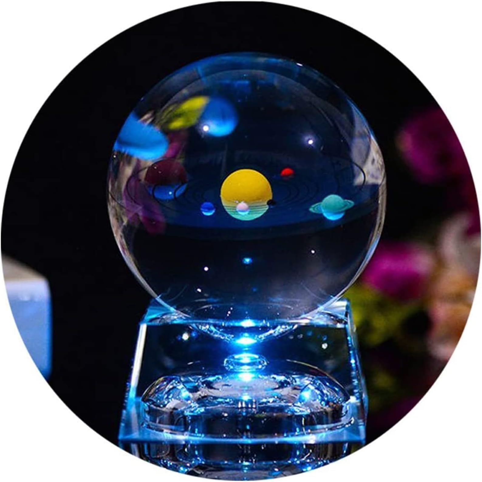 FTYtek 3D Crystal Ball with Solar System Model and LED Lamp Base (Clear, 80 mm, 3.15 Inch)
