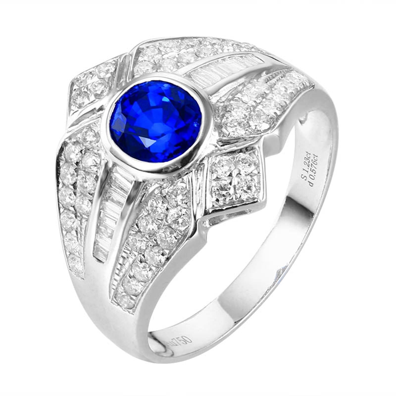 Fede nuziale da donna in oro bianco 18 carati con zaffiro blu ovale con zaffiro blu da 1,23 carati e diamanti misura 45, 45 (14.3), metallo prezioso, zaffiro, 45 (14.3), Metallo, Zaffiro