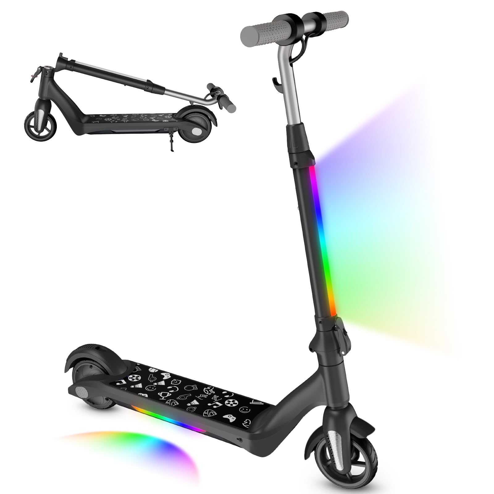 Monopattino elettrico per bambini 6-12 anni, motore 80W, autonomia 8 km, capacità 50 kg, pieghevole con display LED e luci arcobaleno, velocità regolabili, regalo per bambini