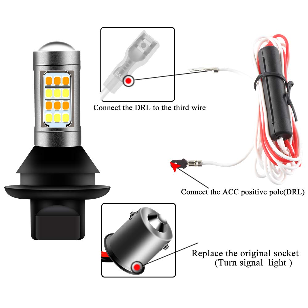 2 szt. żarówki LED 1156 BA15S P21W białe/bursztynowe dwukolorowe przełączane LED światła kierunkowskazów DRL Canbus bez błędów 2835 42 SMD 12V LED z rezystorami obciążenia 50W 6 omów zestaw przewodów
