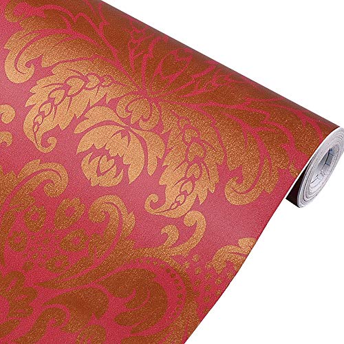 Yifely Red Golden Damask Self-Adhesive Shelf Drawer Liner PVC Furniture Paper 118x17.7 inch