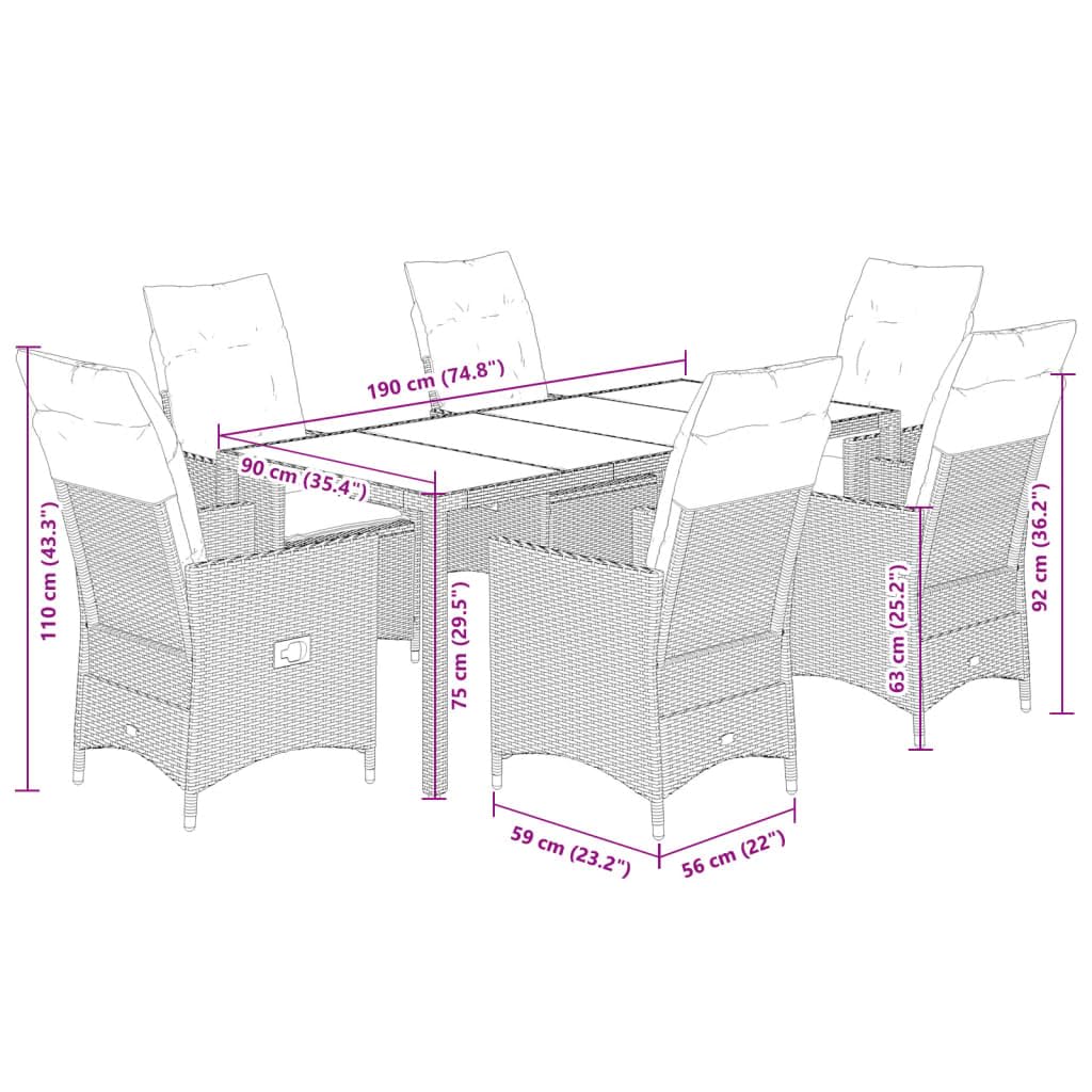 Set di mobili da giardino da 7 pezzi con gruppo lounge e tavolo da pranzo in polyrattan, per terrazza, balcone e esterni, con materiali resistenti alle intemperie e facili da pulire