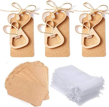 Awtlife 30 Pcs Double Heart Bottle Opener Wedding Favors with Tag Cards Sheer Bag for Wedding Party Favors Christmas