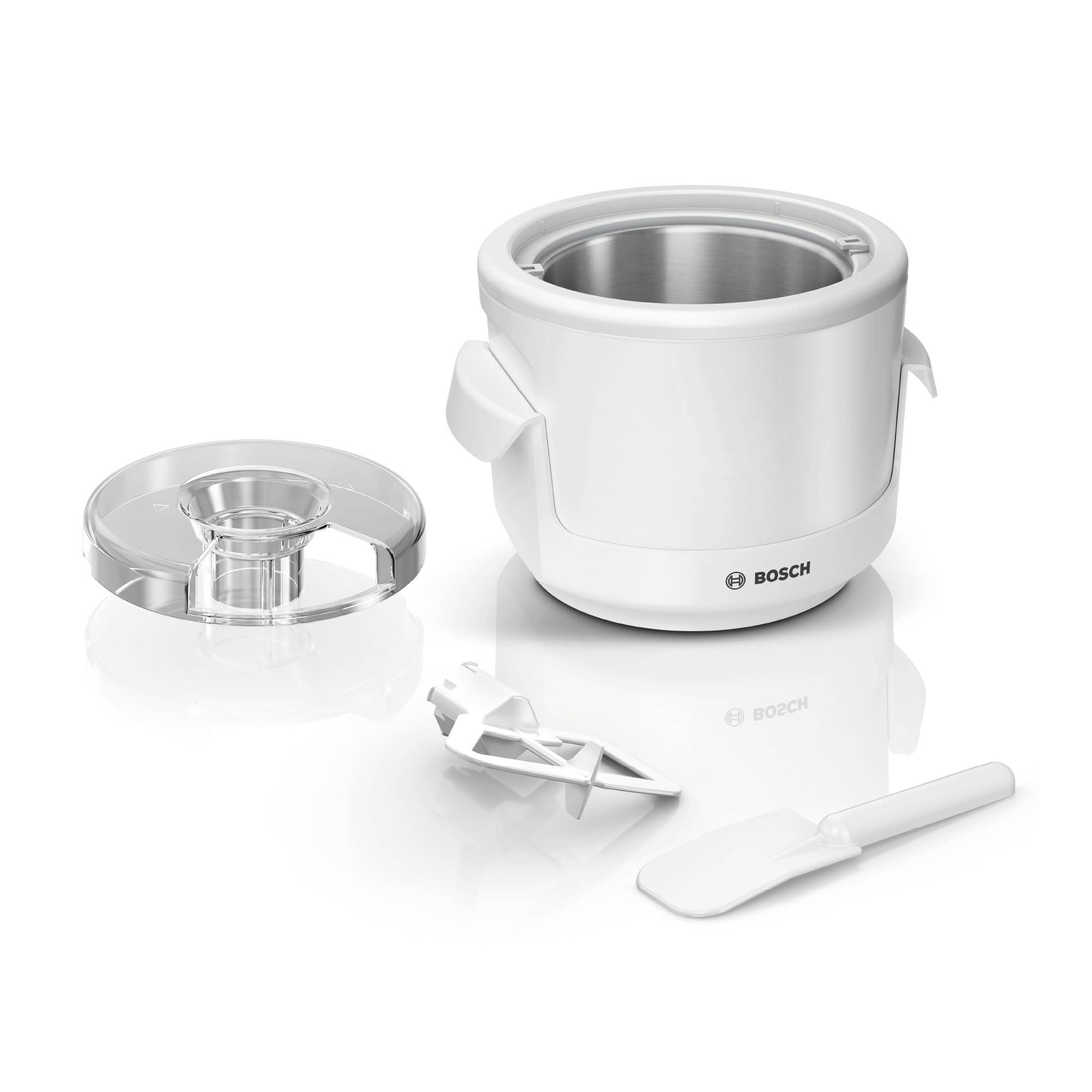 Bosch Eisbereiter MUZS2EB, 550ml, selbstgemachtes Eis, Sorbet und Frozen Yoghurt, weiß, Spritzschutzdeckel mit Einfüllöffnung, passend für Bosch MUM Serie 2 Küchenmaschinen
