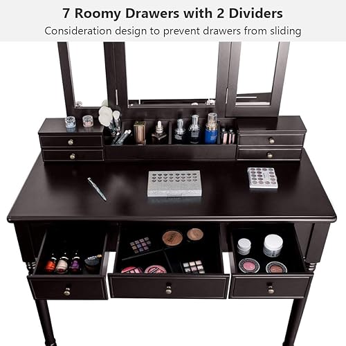 Miniatura 3 de Byroce - Juego de mesa de tocador con grandes espejos plegables, tocador de maquillaje con 7 cajones, 6 organizadores de escritorio y 8 ganchos para