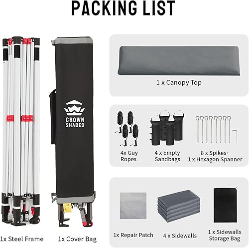 Miniatura 8 de CROWN SHADES Tienda de campaña desplegable con toldo instantáneo comercial de 10 x 10 pulgadas con bloqueo central, tela 300D, 4 paredes laterales,