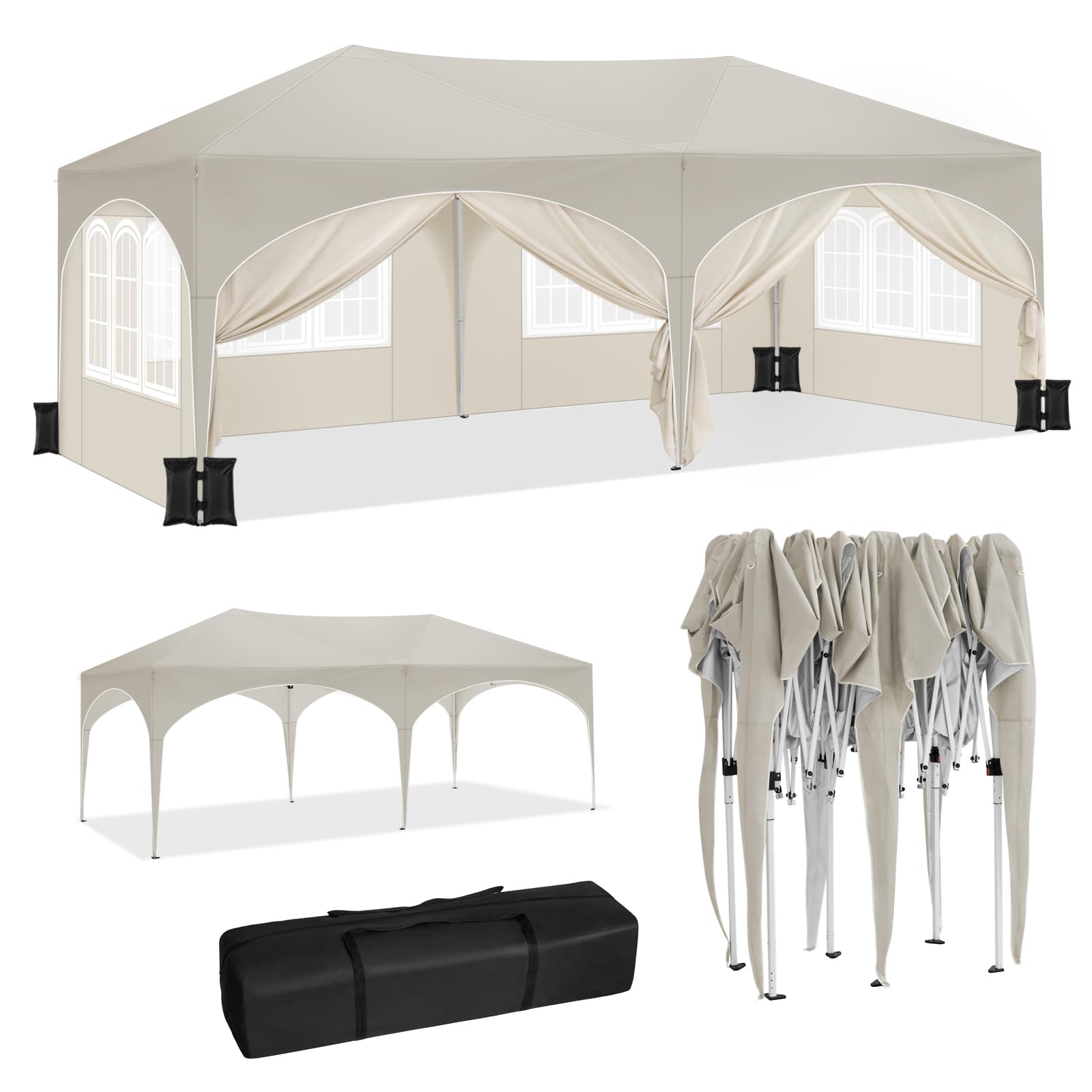 WOLTU Tonnelle de Jardin, Pergola, Barnum, Tonnelle Pliante 3x6m avec 6 Parois Latérales et 4 Sacs de Sable, Gazebo, Hauteur Réglable, Imperméable, Protection de UV, avec Sac de Transport Beige
