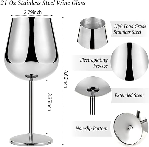 Miniatura 8 de Juego de 4 copas de vino de acero inoxidable, copas de vino de metal de 21 onzas con decantador y tapón, copa de vino de acero inoxidable con tallo