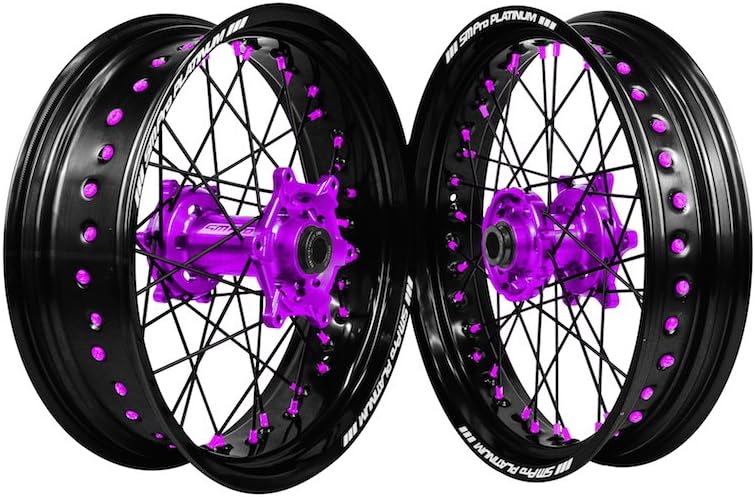SM Pro Platinum SMP172.047.08.71.72.01.08.51 Super Moto Wheel Set - Honda CRF 250X/450X 04 on Speedo Drive Front 17 x 3.50 Rear 17 x 4.25 - Purple Hub/Gloss Black Rim/Purple Nipples/Black Spokes