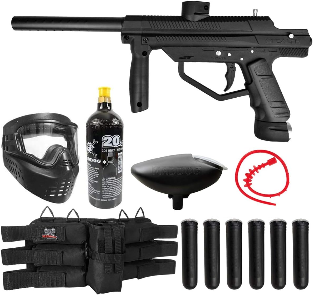 JT Stealth Paintball Gun Marker and Accessory Starter Packages [CO2] | Marker, 20oz CO2 Tank, Mask, Hopper, Pods, Harness & Protective Gear Options