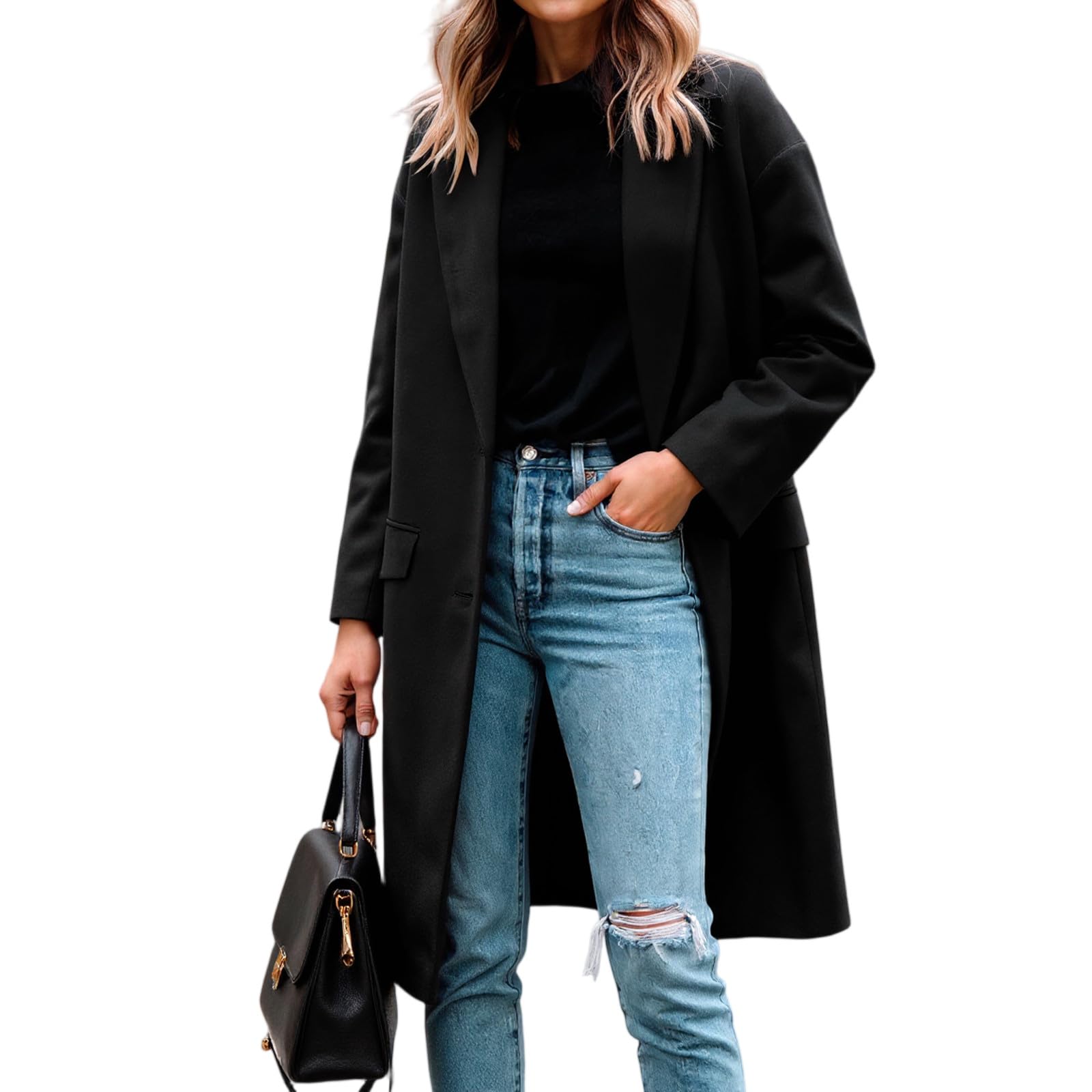 Generisch Trenchcoat Damen Lang Wollmantel Dicke Oversize Winterjacke Warm Elegant Damen-Jacken Umlegekragen Wintermantel Mit Knöpfen Übergangsjacke Einfarbig Wolljacke Frauen Langarm Mantel