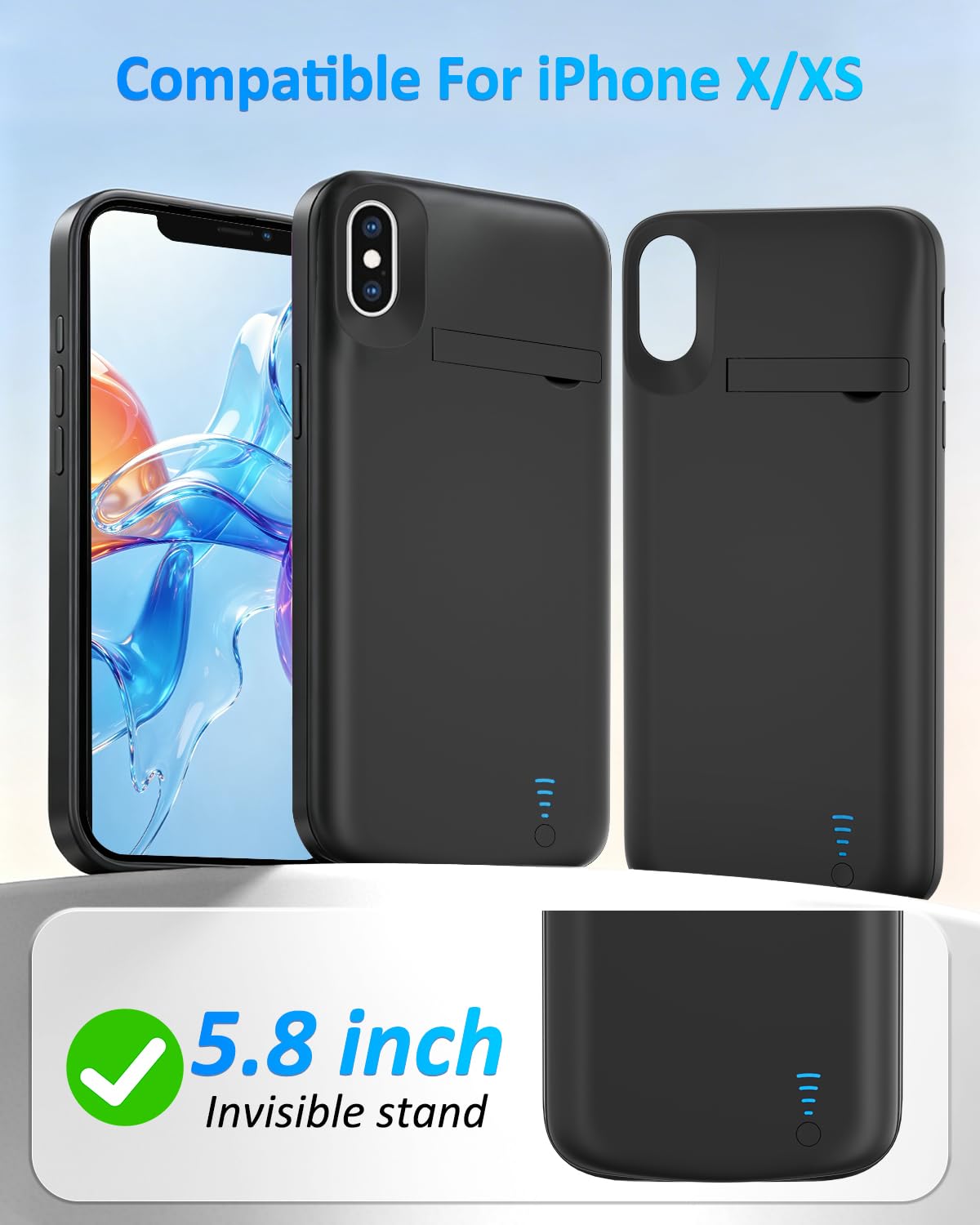 Funda con batería para iPhone X/XS, 6000 mAh, delgada, recargable, extendida, cargador de batería de respaldo con soporte, batería portátil para iPhone X/XS, color negro