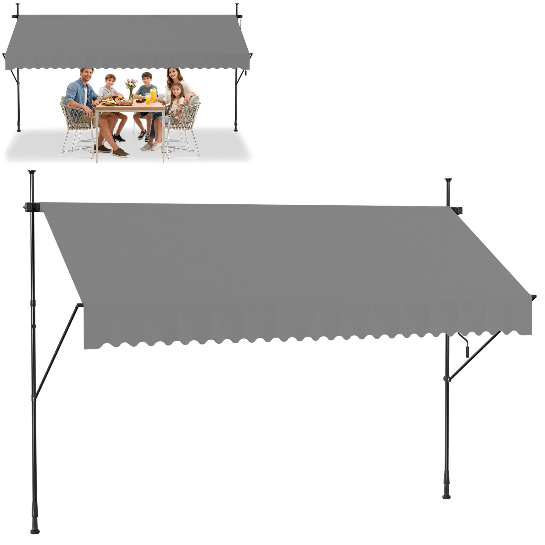 Froadp Markiza Zaciskowa Rozkładana Ręcznie Sunshade Balkon Bez Wiercenia Regulacja Wysokości Markiza z Ramieniem Przegubowym i Korbą Ręczną na Taras Ogrodowy (350x120cm, Jasnoszary)