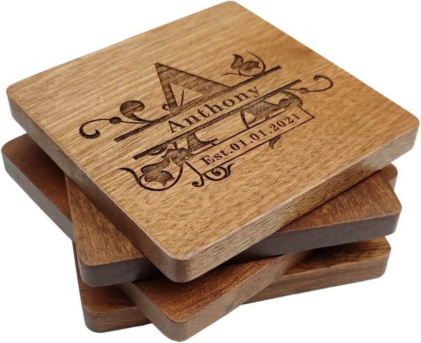 Personalized Coasters, Custom Engraved Wood Coasters for Drinks, Monogram Coasters with Holder, Wedding Gifts, Parents Gifts (A)
