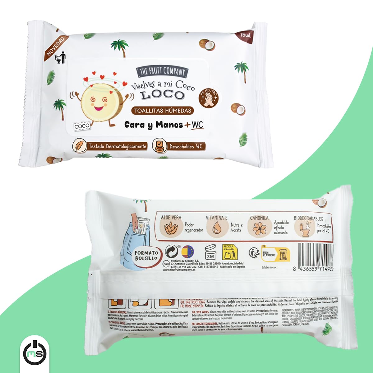 The Fruit Company - Toallitas Húmedas COCO Manos y Cara WC Formato Bolsillo Pack 3