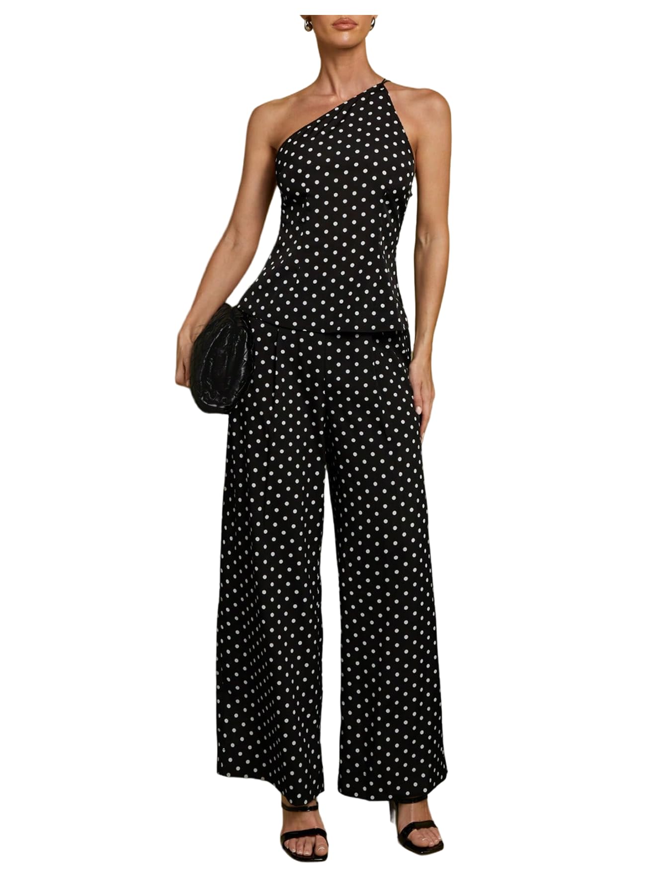 Women's 2 Piece Outfits Polka Dots One Shoulder Top and Wide Leg Pants Matching Sets-image-18