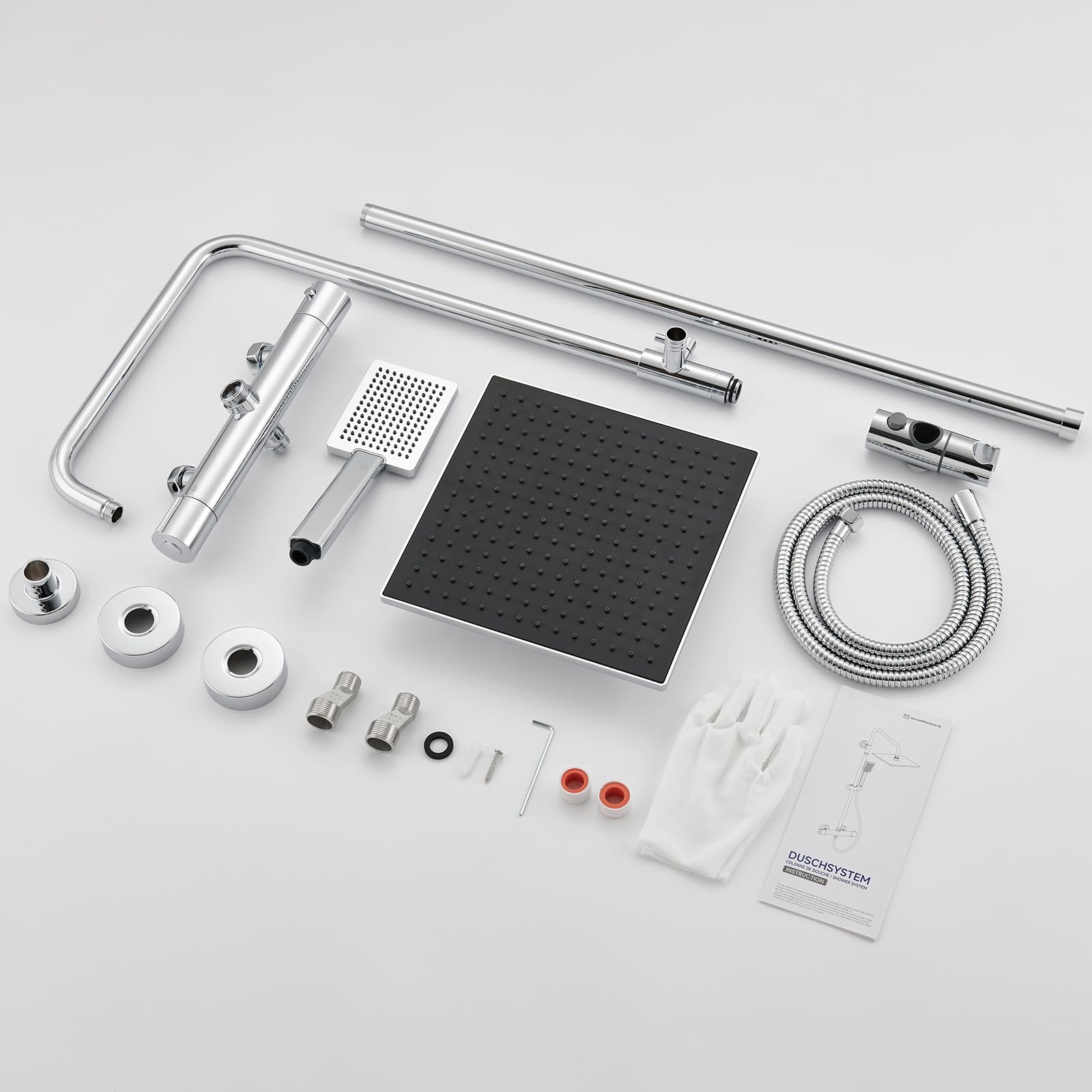 Auralum Colonna Doccia Kit con Rubinetto Termostatico Antiscottatura, Miscelatore Doccia Esterno con Soffione Doccia 25x25cm, Doccetta, Asta Doccia in Acciaio Inox e Tubo Doccia 1,5m, Cromo