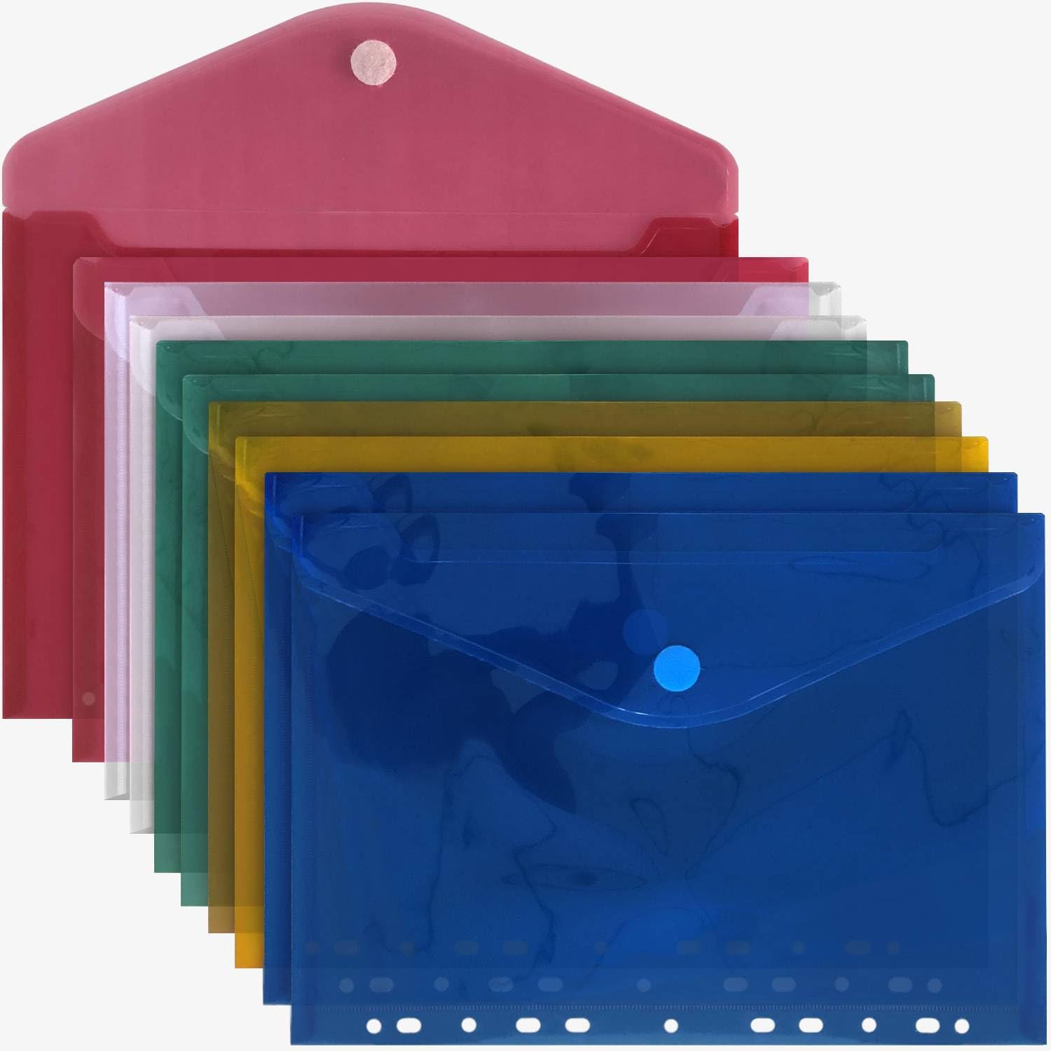 ACROPAQ Document Wallets - Bulk Pack of 10 X A4 Punched Document Wallets with Hook and Loop Closure - Assorted Colors (Transparent, Green, Blue, Yellow, Rose) - 11 Holes and Durable 0.17mm Thickness