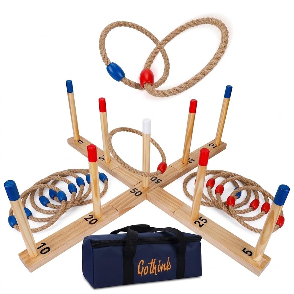 Extra großes Ringwurfspiel für Erwachsene und Kinder, 76,2 cm, Holzringwurfspiel, Outdoor-Spaß mit 9 Stangen, 10 Ringen und Tragetasche, einfach aufzubauen und kompakt zu tragen, tragbare Hofspiele