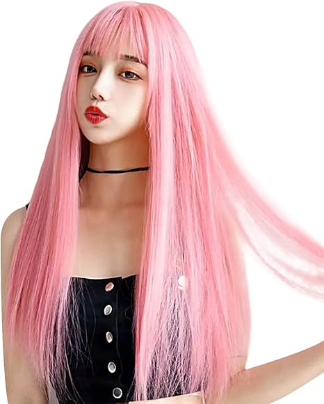 Amazon Co Jp Yiteng ウィッグ ロング ストレート ピンク かつら フルウィッグ 自然 コスプレ ぱっつん 地雷女 小顔 人気 耐熱 レディース Cosplay 原宿系 ファッション ネット付きギフト ピンク ビューティー