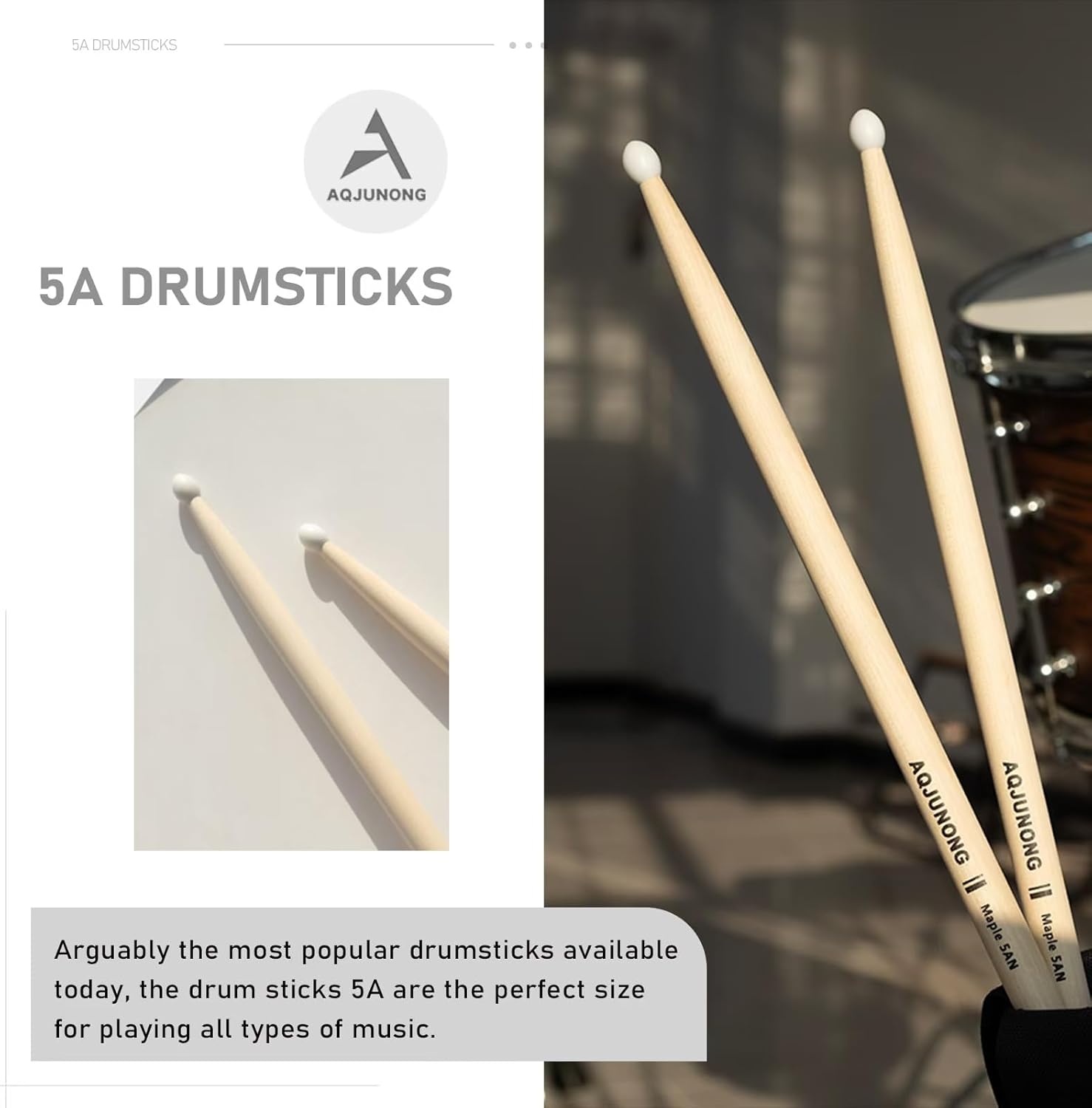 Drum Sticks, 5A Nylon Tip Drum Sticks Set for Acoustic Drums or Electronic Drums, Maple Drum Sticks 5A for Drummers and Beginners (12 Pair)