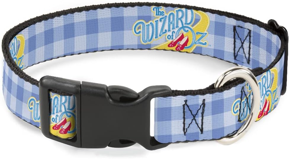 Movies Pet Collar, Dog Collar Plastic Buckle, The Wizard of Oz Logo Gingham Checker Blues, 16 to 23 Inches 1.5 Inch Wide